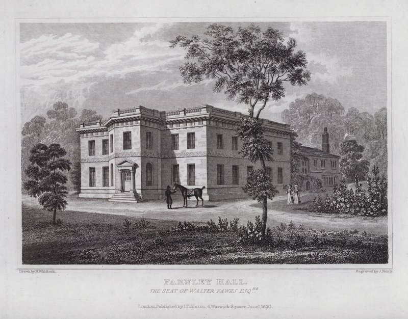 Farnley Hall, setet til Walter Fawks (gravering) av Nathaniel (after) Whittock
