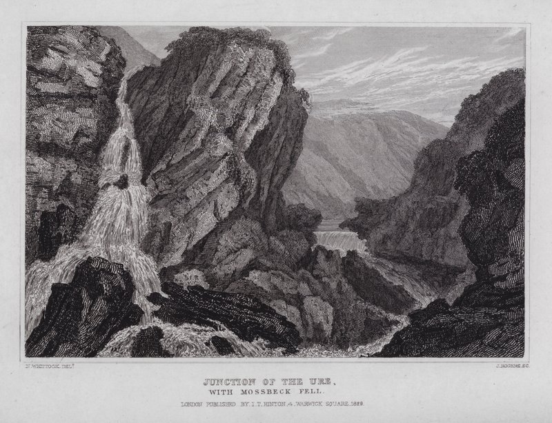 Junction of the Ure, med Mossbeck Fell (gravering) av Nathaniel (after) Whittock