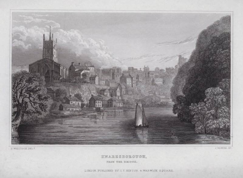 Knaresborough, fra broen (gravering) av Nathaniel (after) Whittock