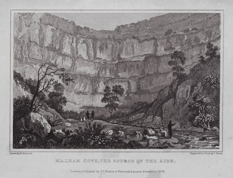 Malham Cove, kilden til Aire (gravering) av Nathaniel (after) Whittock