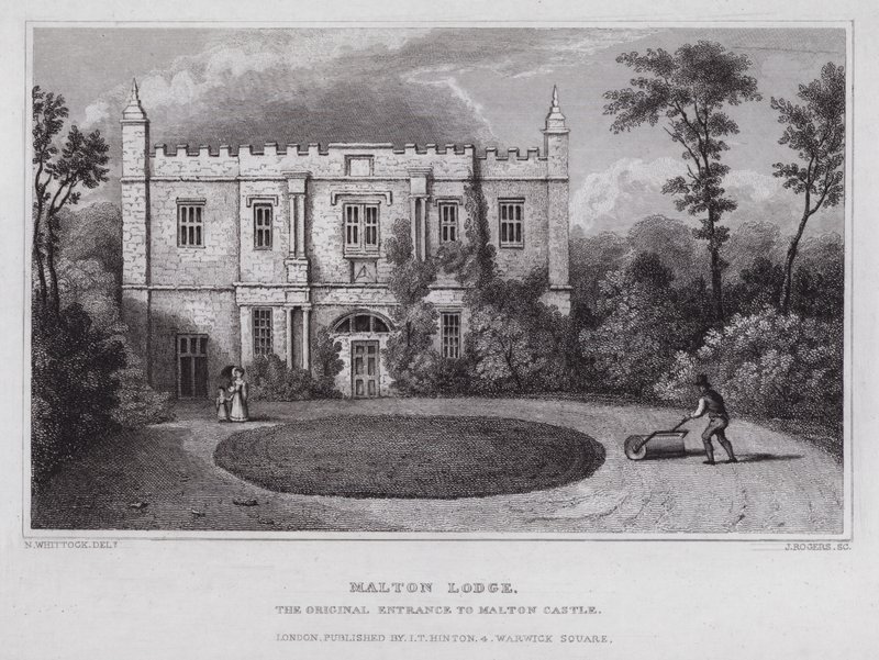 Malton Lodge, den originale inngangen til Malton Castle (gravering) av Nathaniel (after) Whittock