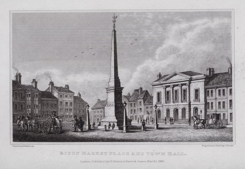 Ripon markedsplass og rådhus (gravering) av Nathaniel (after) Whittock