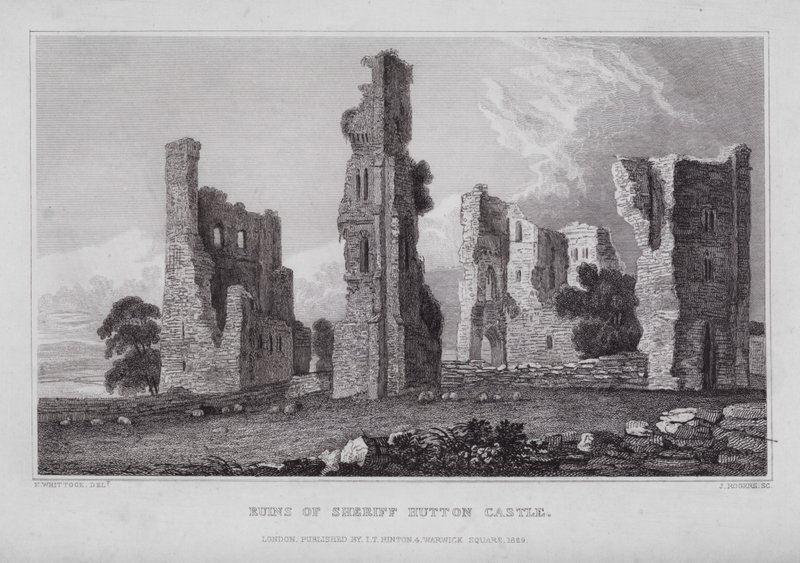 Ruinene av sheriff Hutton Castle (gravering) av Nathaniel (after) Whittock
