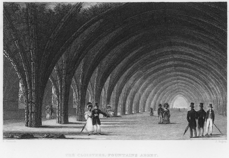 The Cloisters, Fountains Abbey (gravering) av Nathaniel (after) Whittock