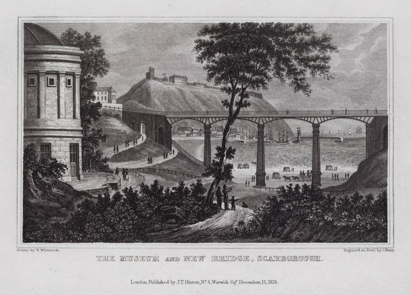 Museet og New Bridge, Scarborough (gravering) av Nathaniel (after) Whittock