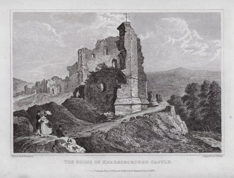 Ruinene av Knaresborough Castle (gravering) av Nathaniel (after) Whittock