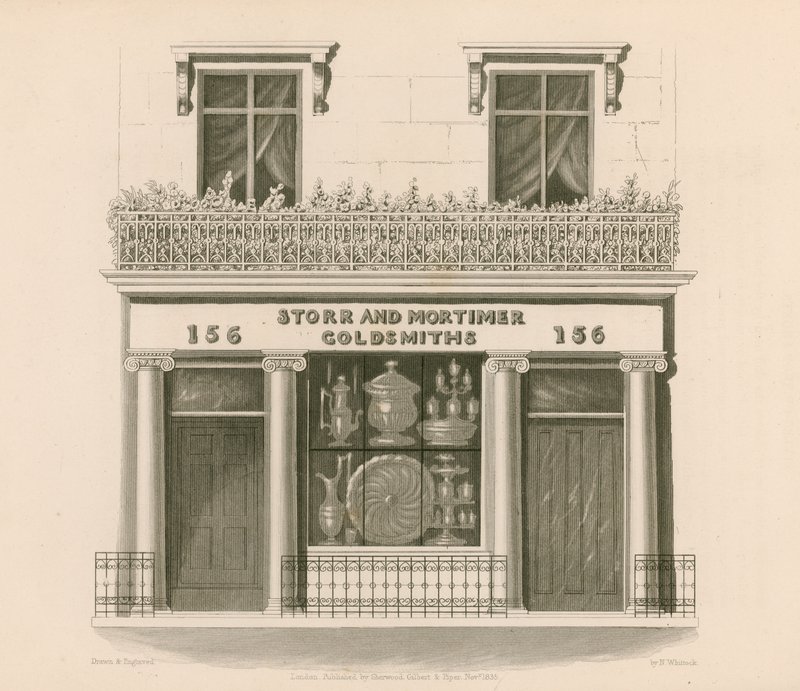 Butikkfront i jonisk stil til herrer Storr og Mortimer, gullsmeder og gullsmeder, No 156, Bond Street, London av Nathaniel Whittock