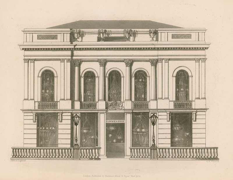 Butikkfront for Hancock og Dixon, Pall Mall East, London av Nathaniel Whittock