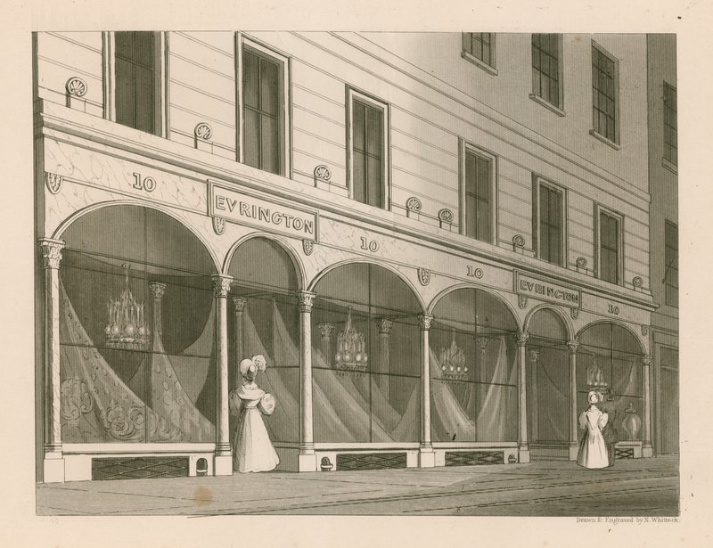 Butikkfront for Mrs Everington, India sjallager, 10 Ludgate Street, London av Nathaniel Whittock