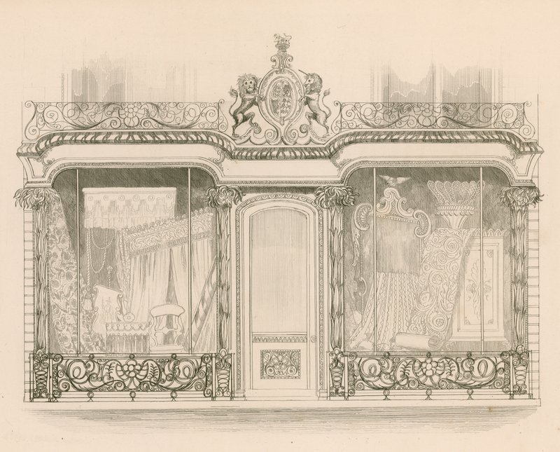 Butikkfront for Mrs Saunders og Woodley, Upholsterers, Regent Street, London av Nathaniel Whittock