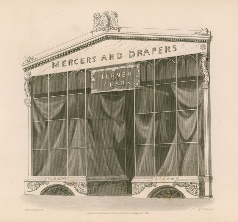Butikkfront for Mrs Turner og Clark, Mercers and Drapers, Coventry Street, London av Nathaniel Whittock