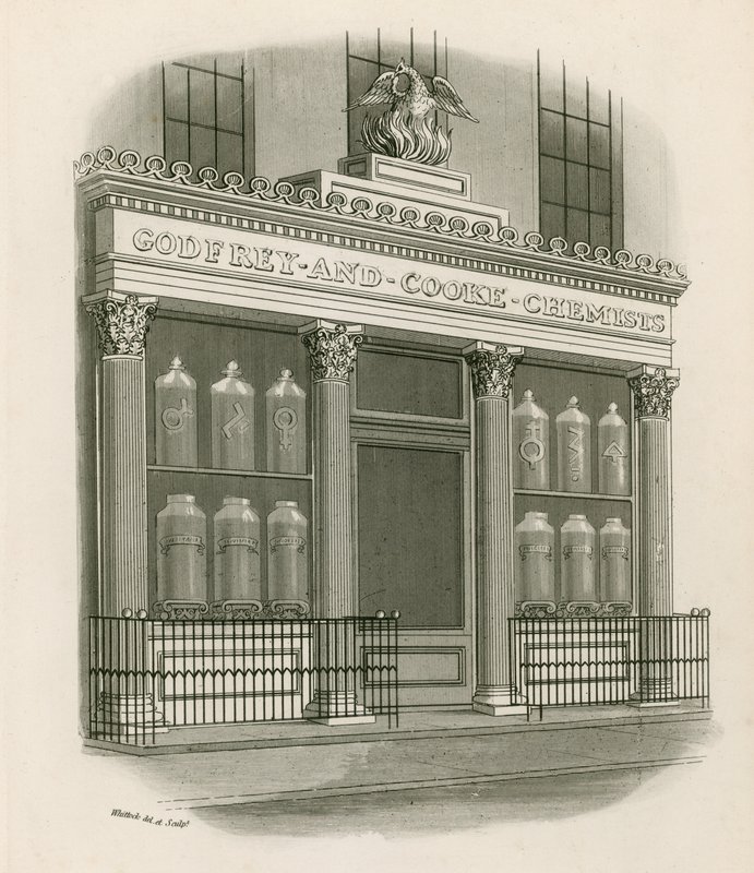 Butikk foran Godfrey og Cooke, Chemists, Conduit Street, London av Nathaniel Whittock
