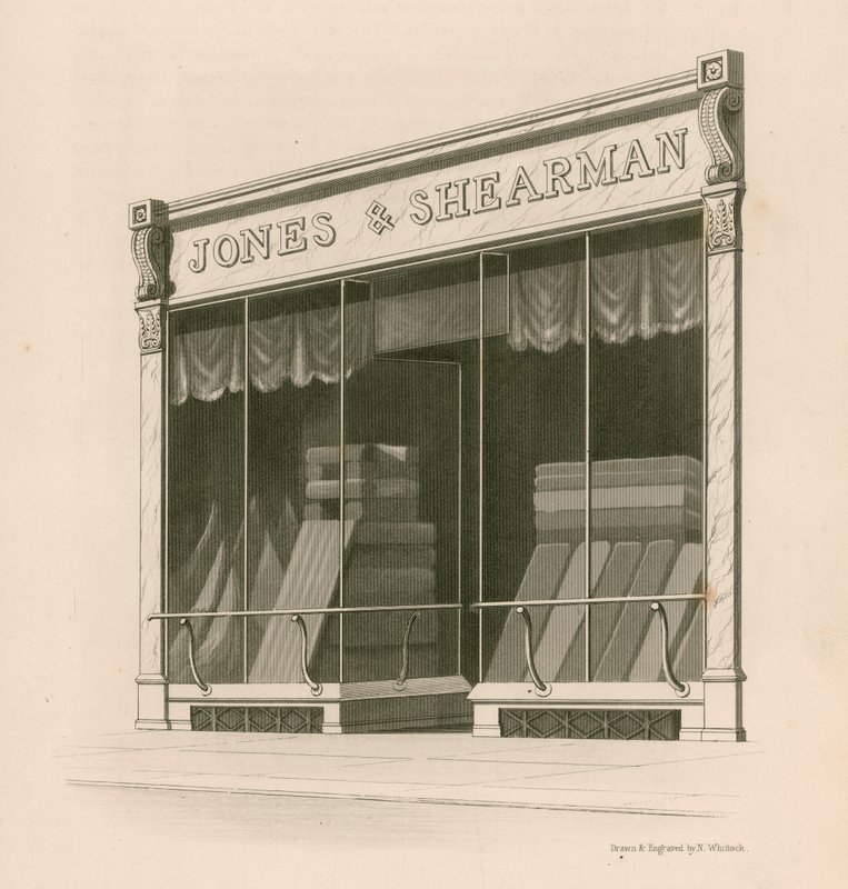 Butikkfronten til Mrs Jones and Shearman, Blackfriars Road, London av Nathaniel Whittock