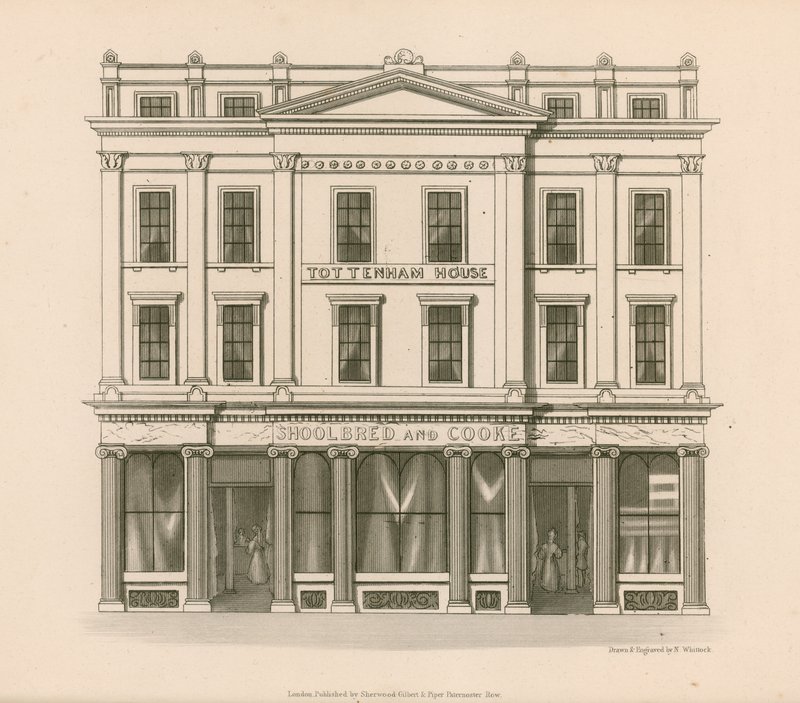 Butikkfronten til Shoolbred and Cooke, Drapers, Tottenham Court Road, London av Nathaniel Whittock