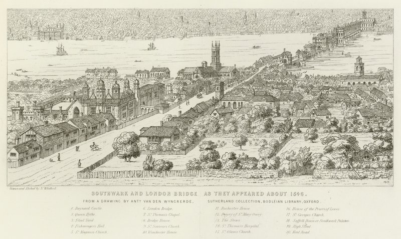 Southwark og London Bridge, slik de dukket opp rundt 1546 av Nathaniel Whittock