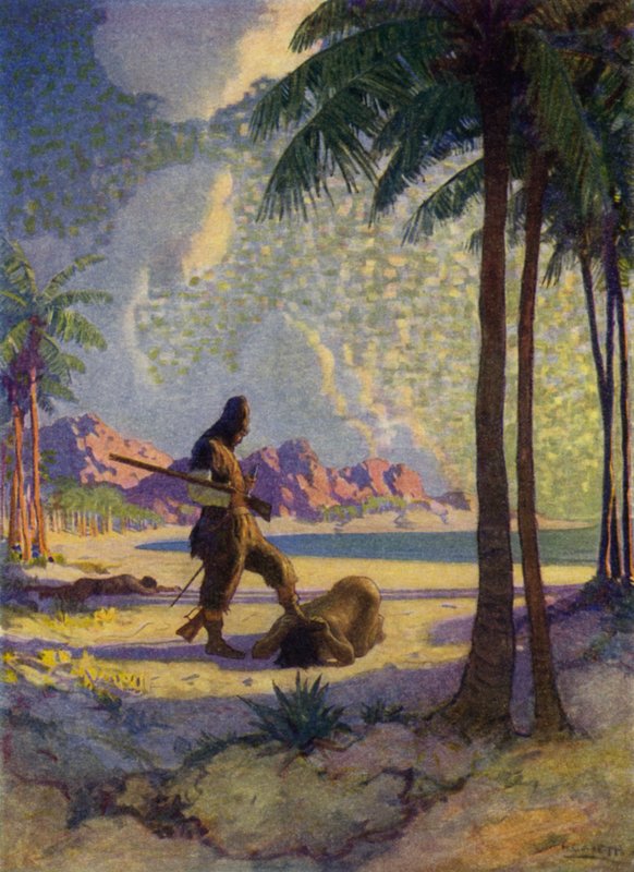 Illustrasjon for Robinson Crusoe (farge litho) av Newell Convers (after) Wyeth