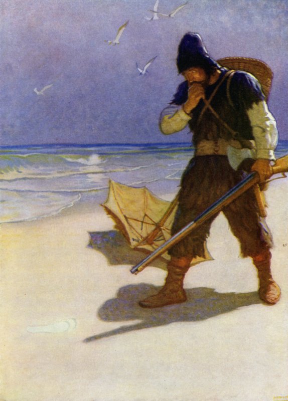 Illustrasjon for Robinson Crusoe (farge litho) av Newell Convers (after) Wyeth