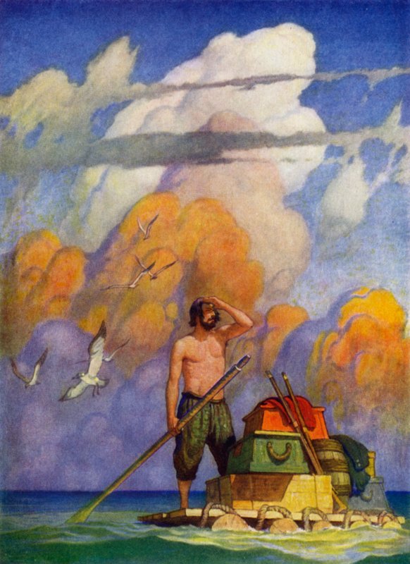 Illustrasjon for Robinson Crusoe (farge litho) av Newell Convers (after) Wyeth