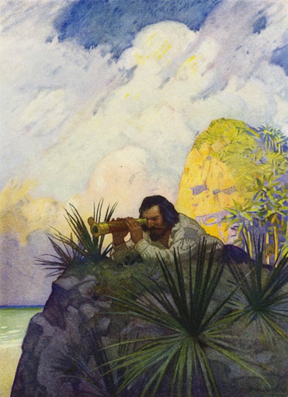 Illustrasjon for Robinson Crusoe (farge litho) av Newell Convers (after) Wyeth
