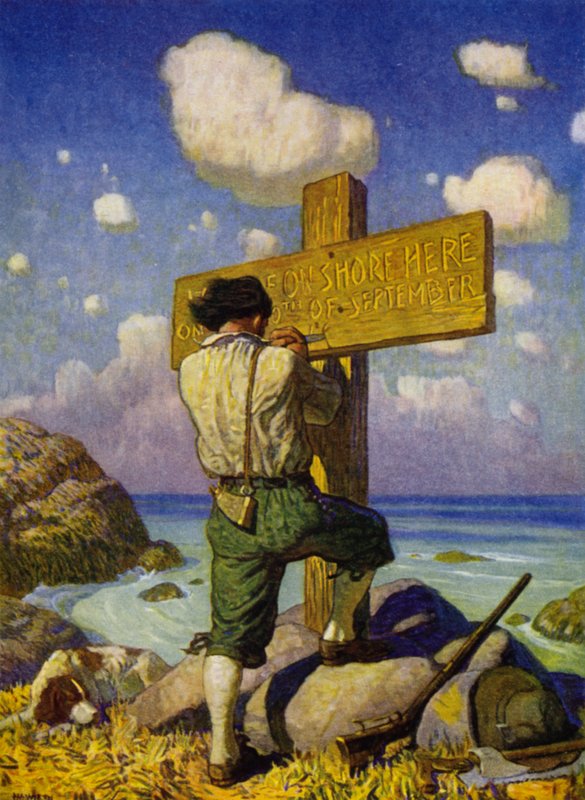 Illustrasjon for Robinson Crusoe (farge litho) av Newell Convers (after) Wyeth