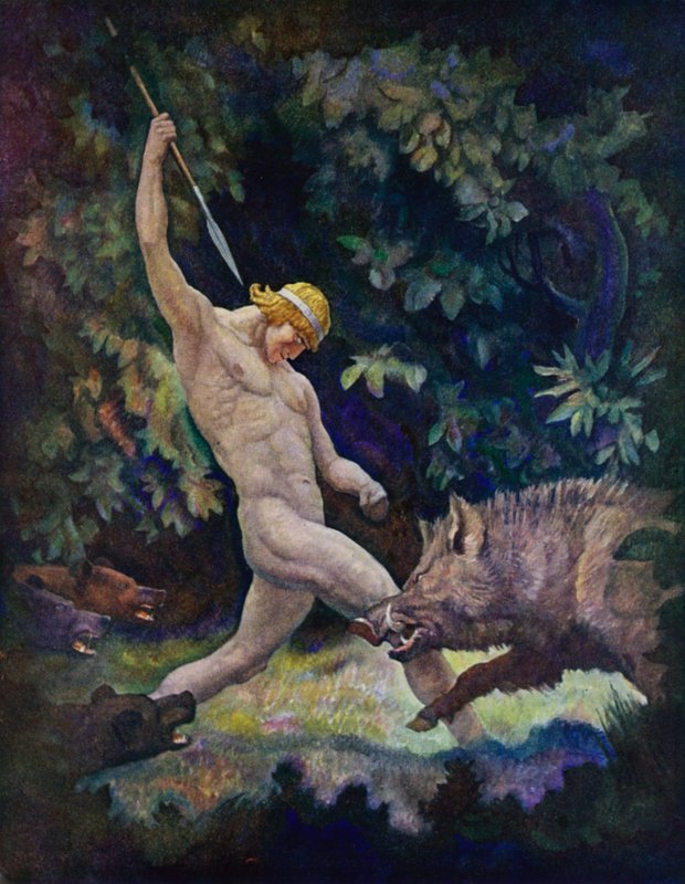 Odyssey: The Boar Hunt (farge litho) av Newell Convers (after) Wyeth