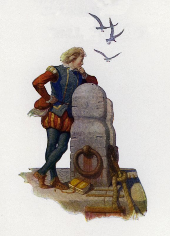 Tittelsideillustrasjon for Westward Ho! av Charles Kingsley (farge litho) av Newell Convers (after) Wyeth