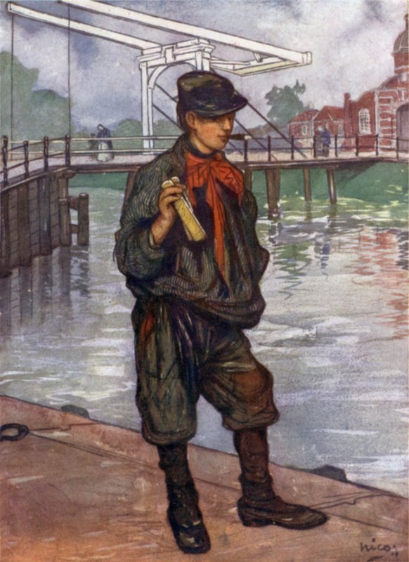 En Amsterdam Street Boy med Klappere (farge litho) av Nico Jungman