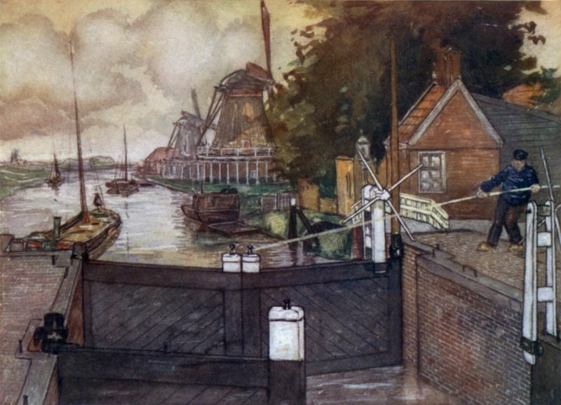 Noordervaldeursluis, Zaandam (farge litho) av Nico Jungman