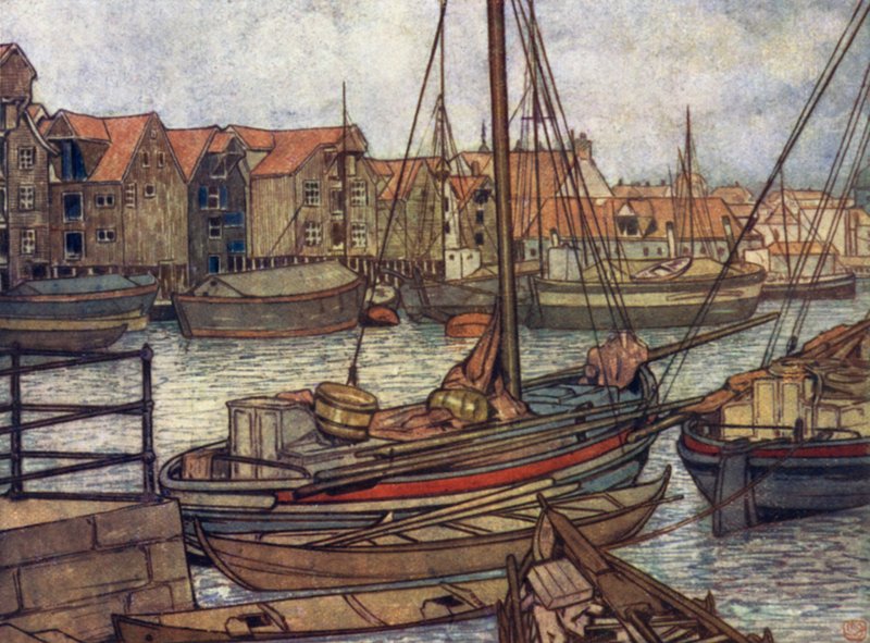 Norge: Bergens båter og lager (farge litho) av Nico Jungman