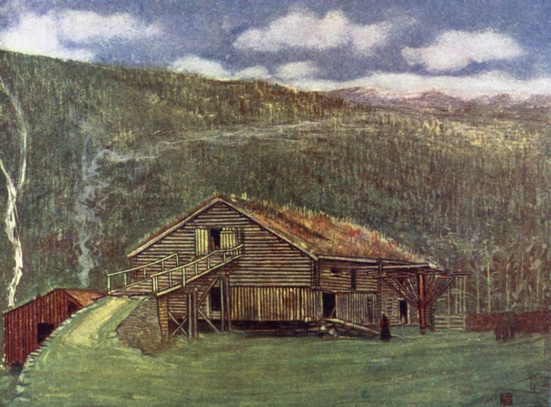 Norge: Gårdshus og mølle på Gjora (farge litho) av Nico Jungman