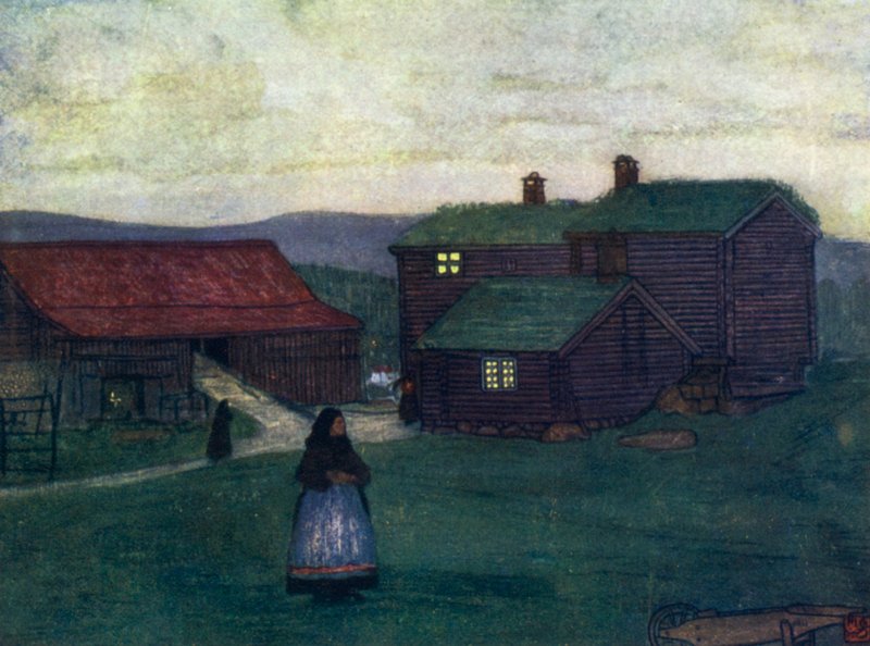 Norge: Gårdshus bygget av polakker (farge litho) av Nico Jungman