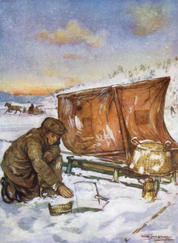 Norge: Fiske gjennom isen på Christianiafjorden (farge litho) av Nico Jungman
