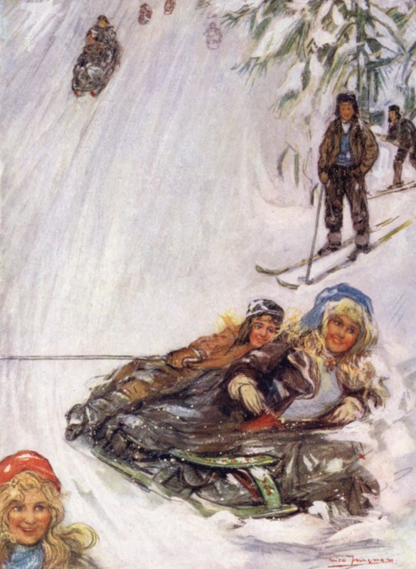 Norge: Jenter på veltet slede, Holmencollen (farge litho) av Nico Jungman
