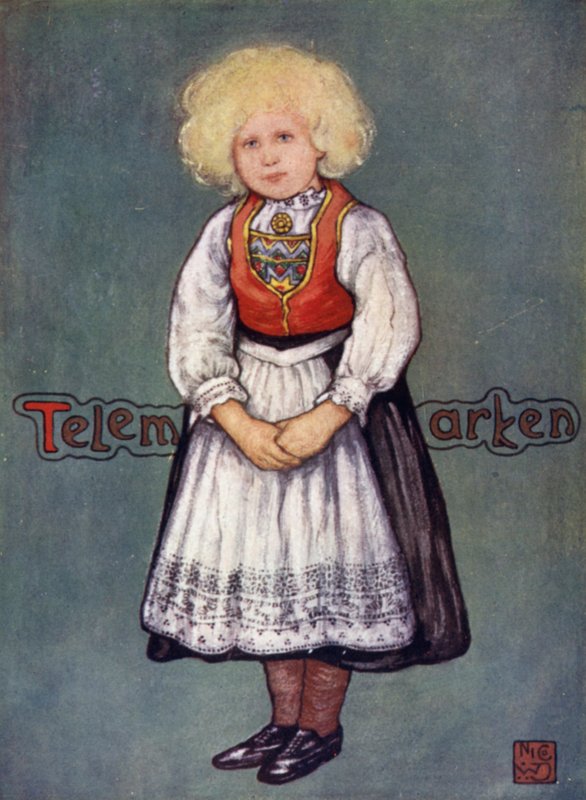Norge: Lille jente fra Telemarken (farge litho) av Nico Jungman