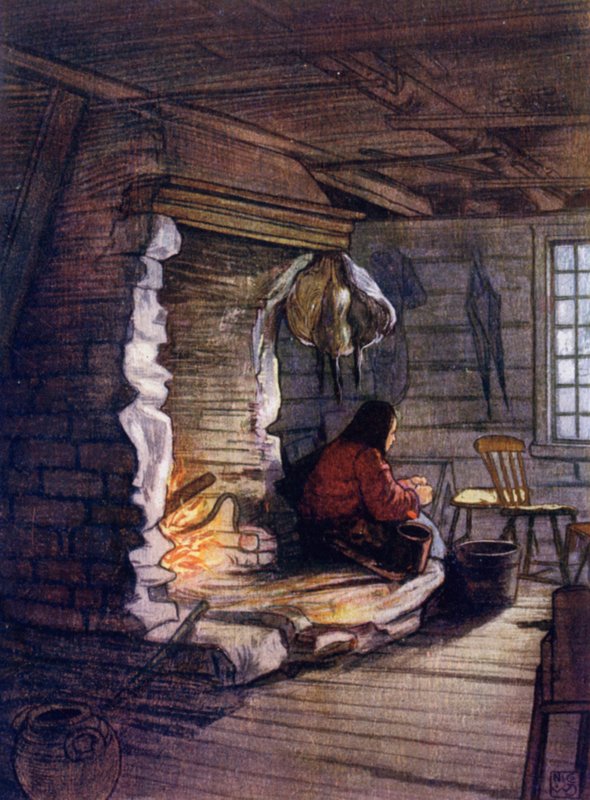 Norway: Making the Dinner, a Cottage Interiør på Saelbo (farge litho) av Nico Jungman