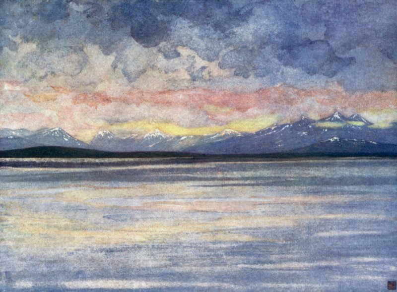 Norge: Fjell og fjord mot Molde (farge litho) av Nico Jungman