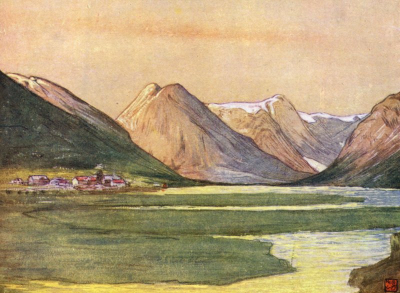 Norge: Mundal, Fjaerland, Sognefjord (farge litho) av Nico Jungman