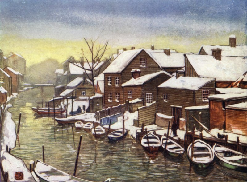 Norge: Gamle kanal, Christiania (farge litho) av Nico Jungman