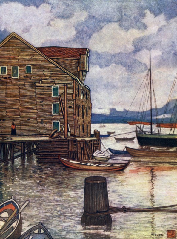 Norge: Gammelt lager og båter, Molde (farge litho) av Nico Jungman