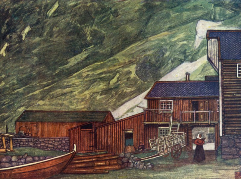 Norge: På fjorden, Sundalsoren (farge litho) av Nico Jungman
