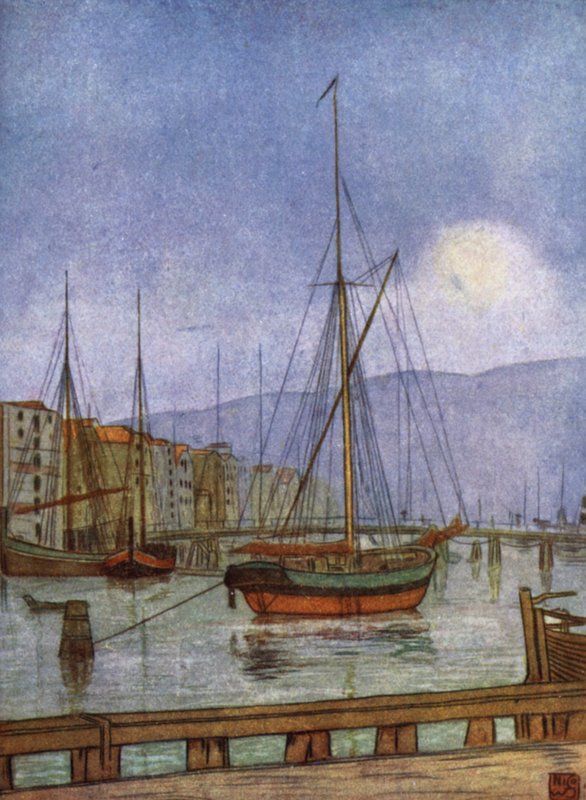 Norge: Ostre Kanalhavn, Trondhjem (farge litho) av Nico Jungman