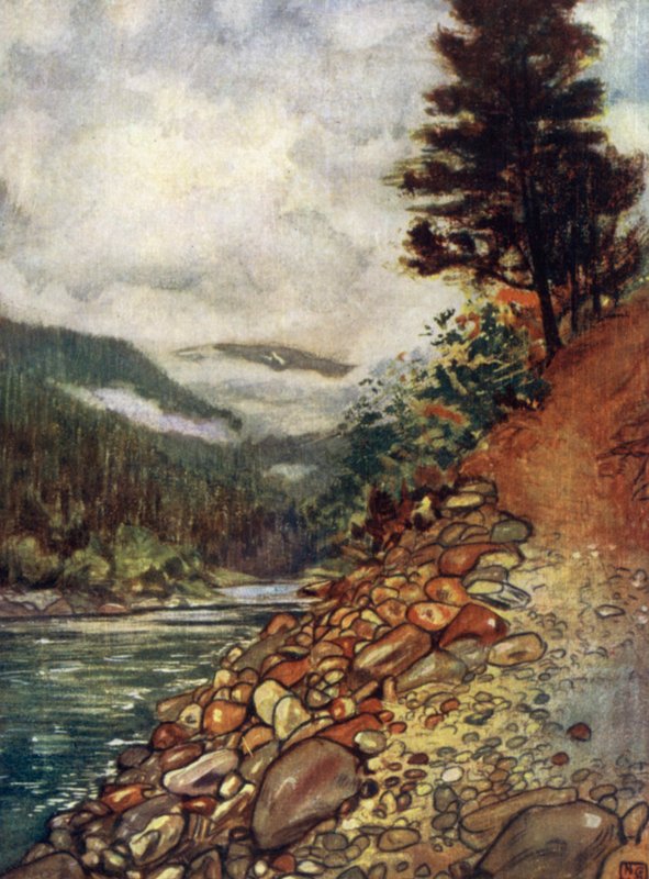 Norge: Elv ved Gjora (farge litho) av Nico Jungman