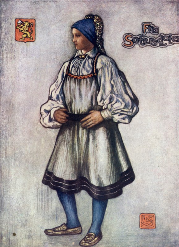 Norge: Saetersdalen bondepike (farge litho) av Nico Jungman