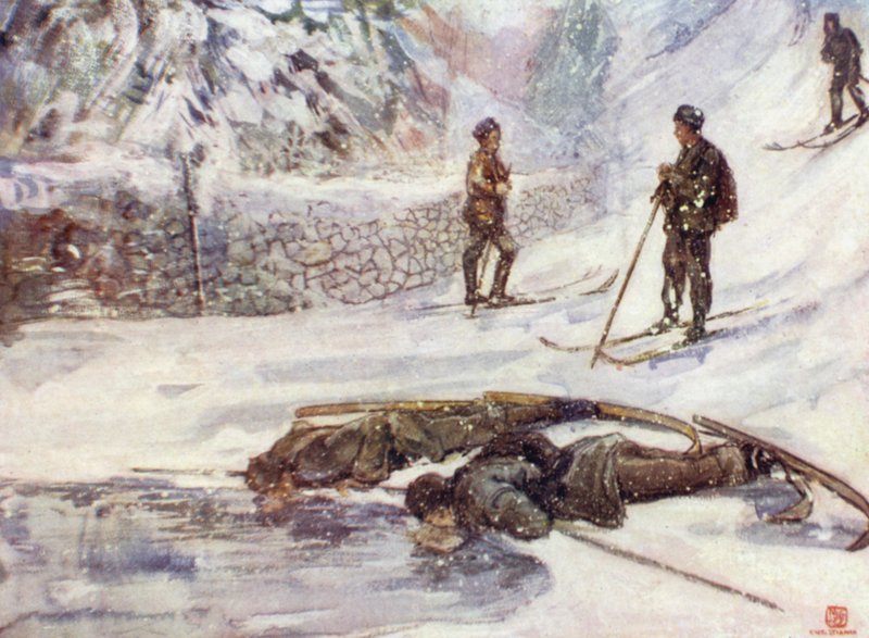 Norge: Skiløpere som drikker gåsevin (farge litho) av Nico Jungman