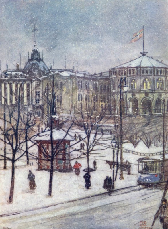 Norge: Storthingets hus, Christiania (farge litho) av Nico Jungman