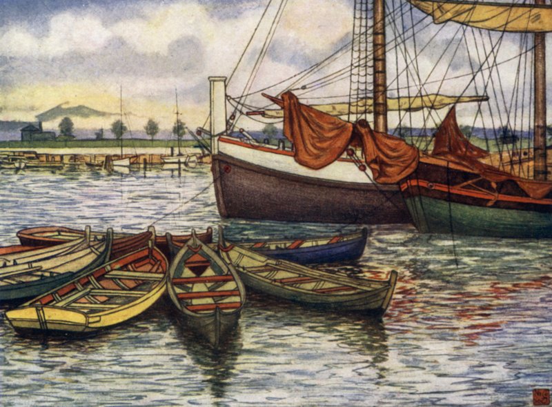 Norge: Trondhjem, Gamle båter (farge litho) av Nico Jungman
