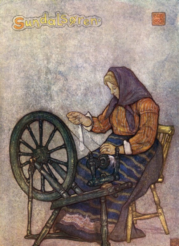 Norge: Woman Spinning, Sundalsoren (farge litho) av Nico Jungman