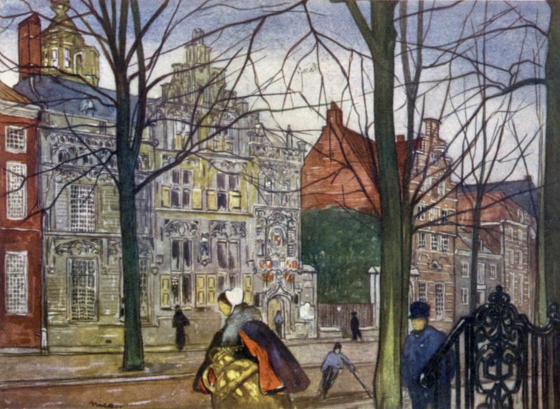 Oude Delft (fargelitografi) av Nico Jungman