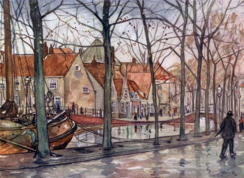 Havnen, Haag (farge litho) av Nico Jungman