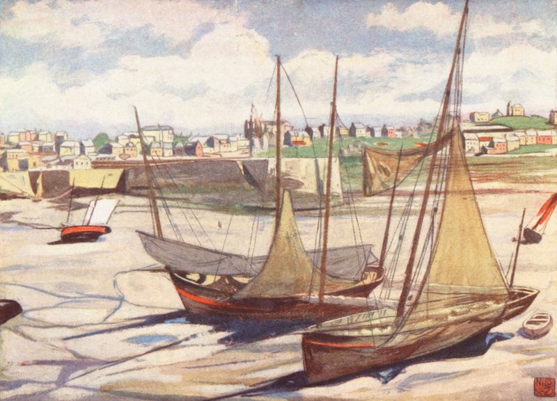 Havnen ved lavvann, Granville (fargelitografi) av Nico Jungmann